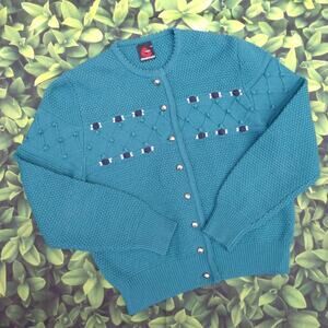 Vintage Giesswein Austria Button Cardigan Mallard Blue Basket Weave 42 US sz 10